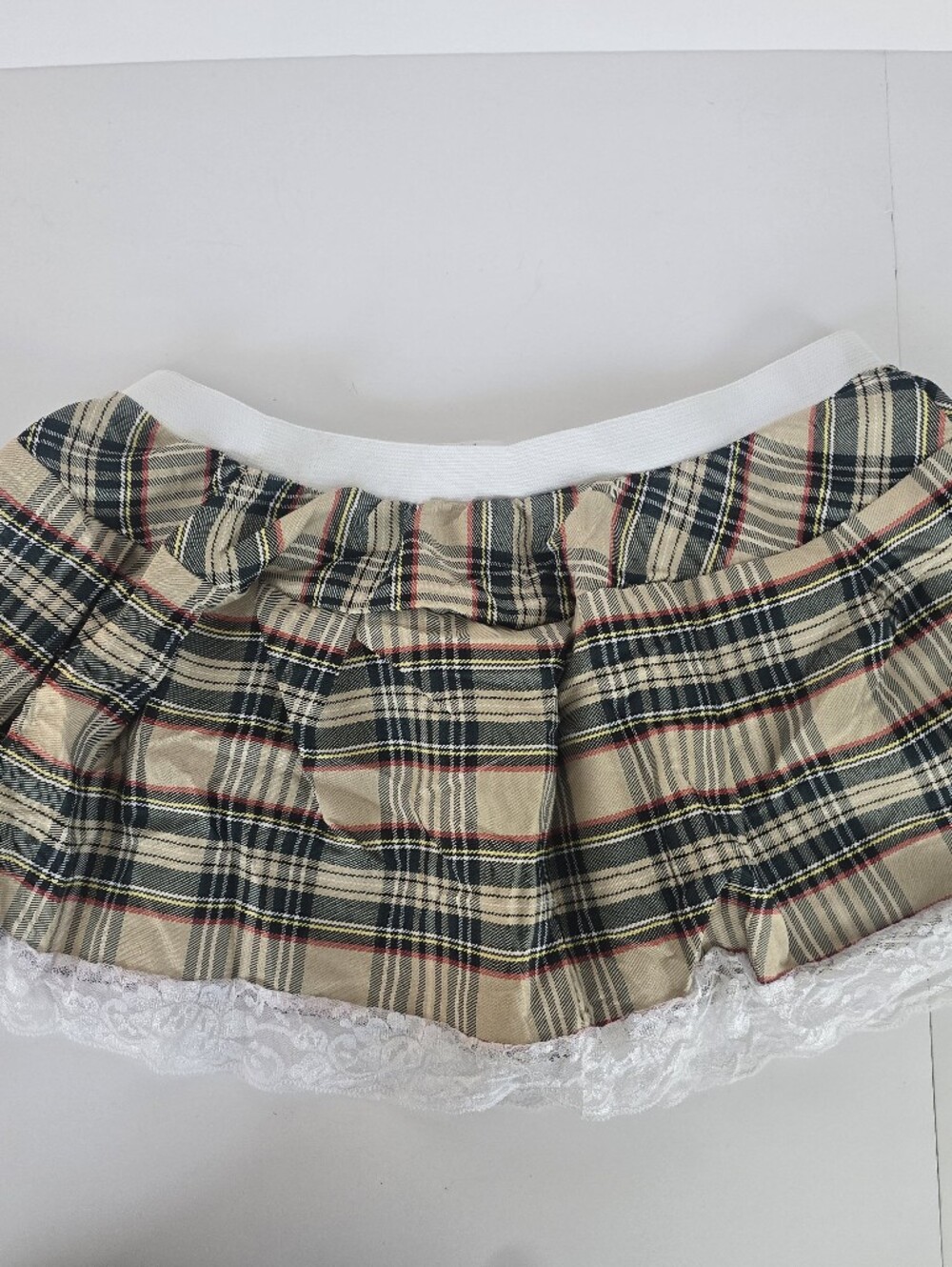 Beige Plaid Mini Skirt with White Lace Trim